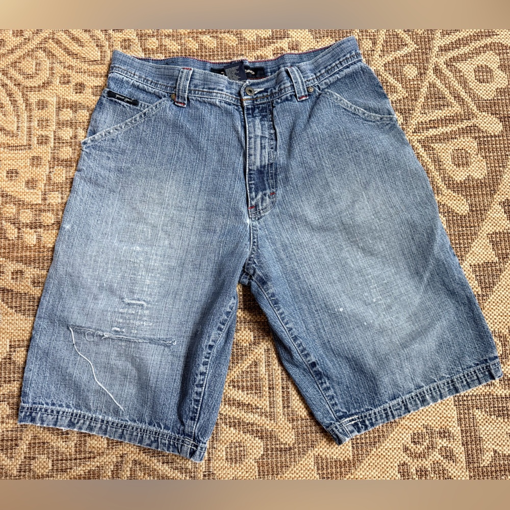 90’s PACO original Carpenter Baggy Jean Shorts Embroidered Logo Sz 34 *holes*